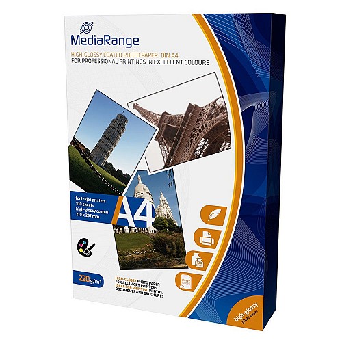 Φωτογραφικό Χαρτί MediaRange για Inkjet Εκτυπωτές A4 High-Glossy 220g/m² 100 Φύλλα (MRINK103)